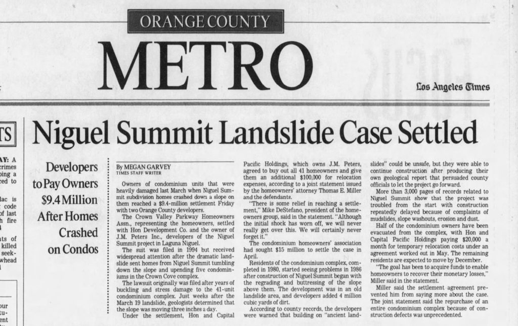 Niguel Summit Landslide Case Settled
Orange County Metro 9/12/98
